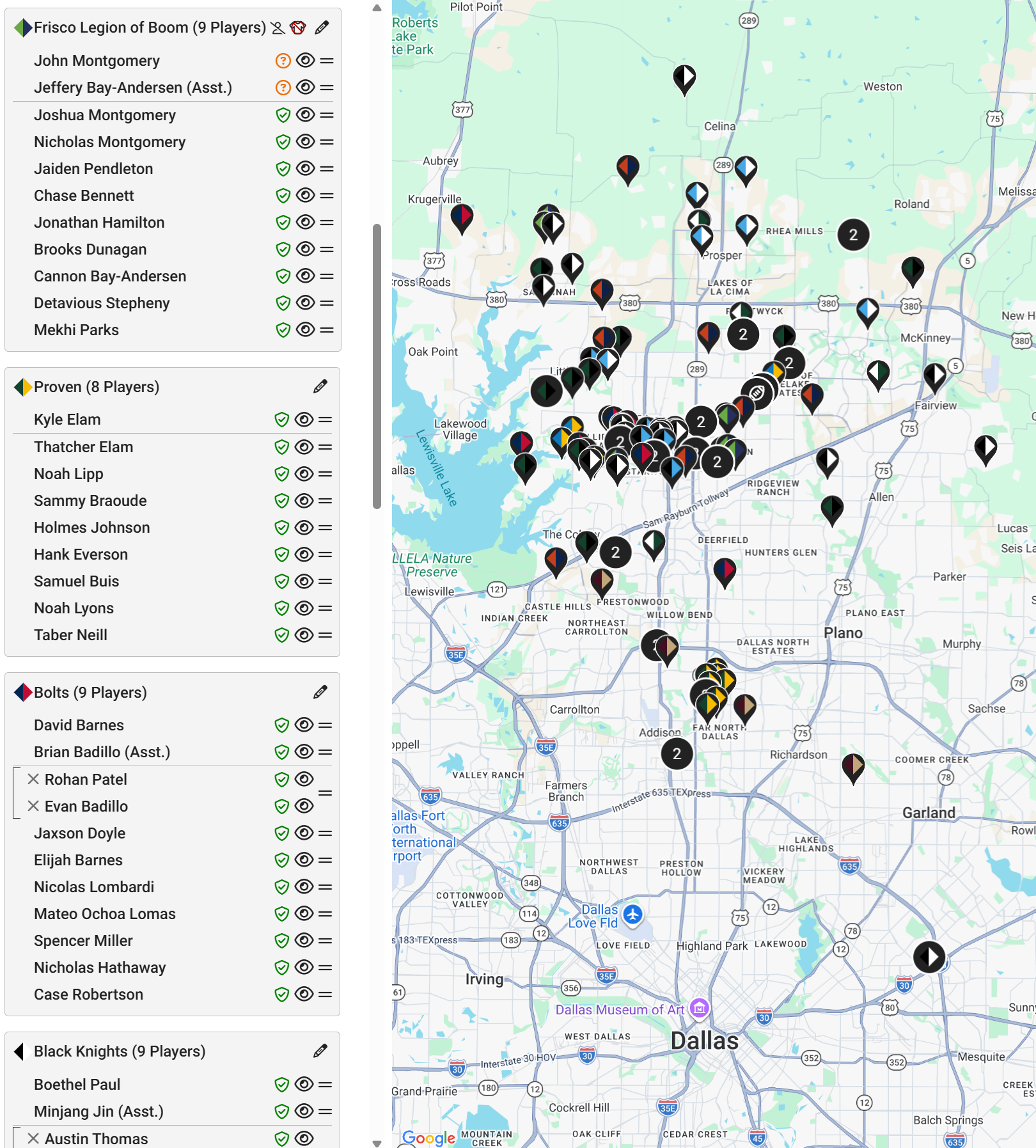 Roster Coach — team rosters paired with a Google Maps view of player home addresses across the metro