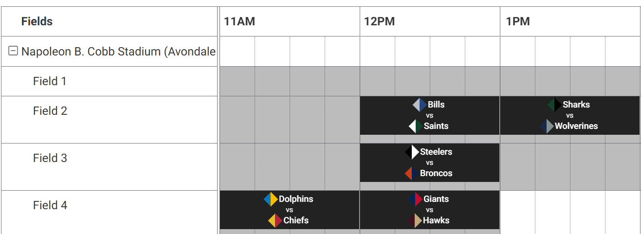 All-Pro Scheduler — Saturday field grid at Napoleon B. Cobb Stadium, four fields, six matchups across 11AM–1PM
